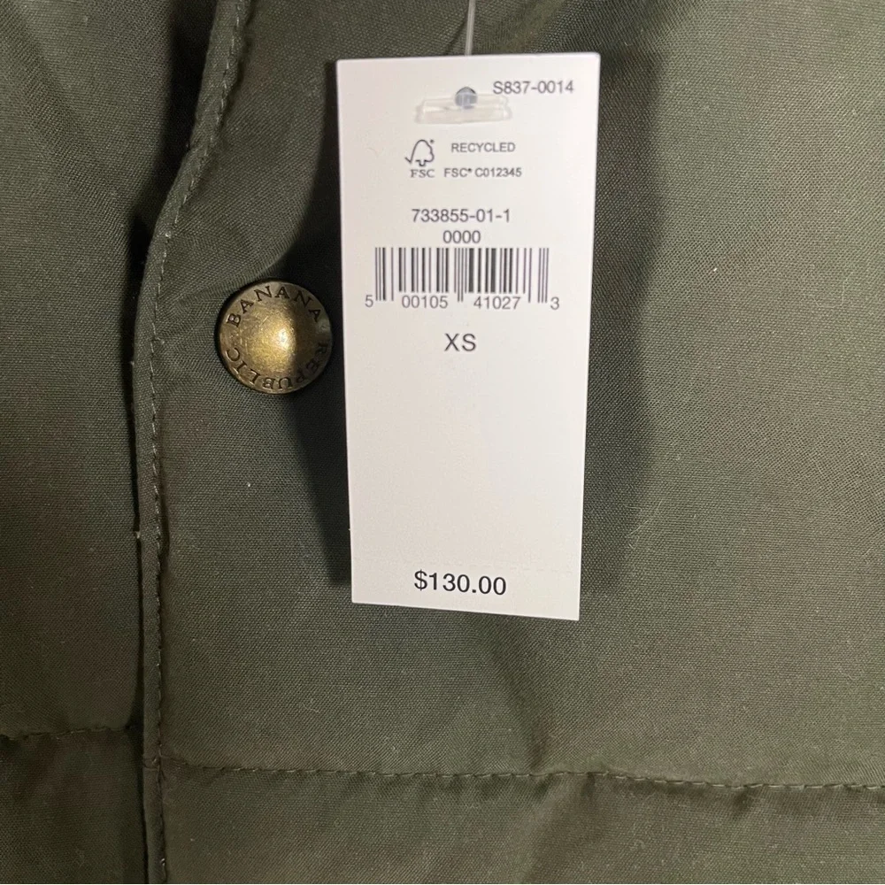 NWT Banana Republic Mens Puffer Vest Olive Green Tan Quilted Size XS Western